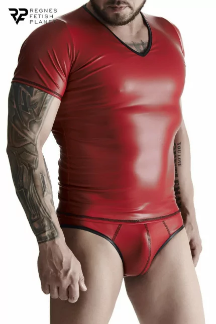 Red Wetlook T-shirt with V-neck