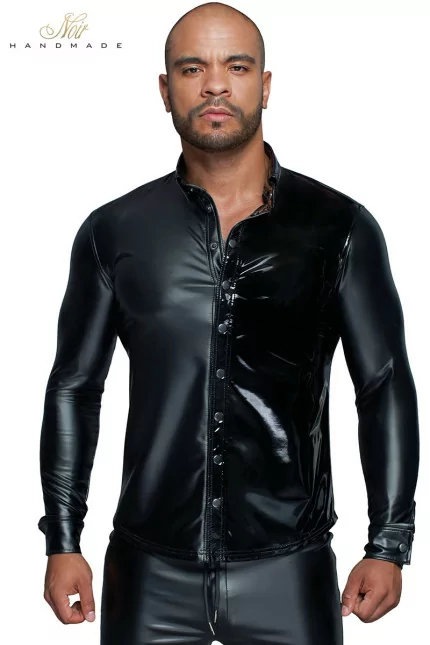 Schwarzes Stretch Wetlook und Vinyl Hemd — MissBehaved