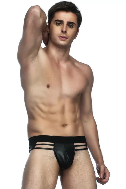 Schwarzer Wetlook String mit Bändern