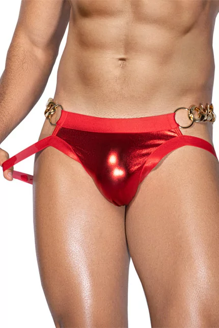 Jockstrap Rojo Brillante con Cadenas Doradas