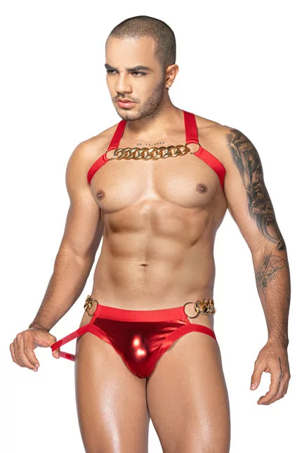 Rotes Harnisch- und Jockstrap-Set mit Ketten