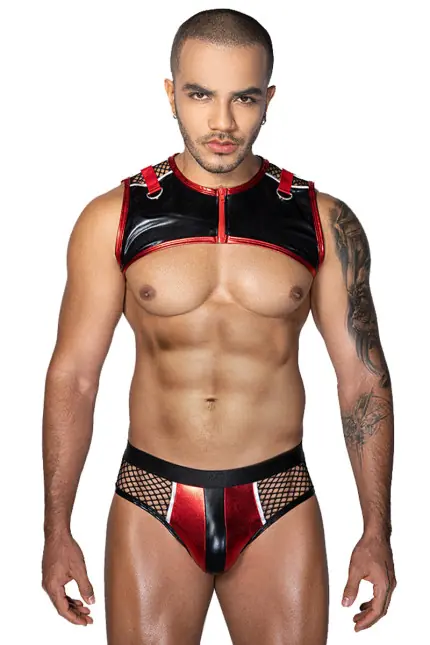 Harness & Mesh Brief Set – Red & Black Wetlook