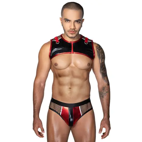 Conjunto Arnés & Slip de Malla – Wetlook Rojo y Negro - J Lingerie - Arnés - imagen principal