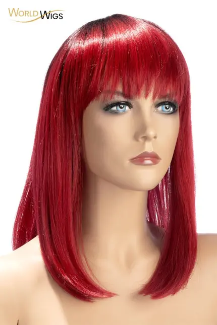 Peluca Bob Largo Flequillo Recto Rojo Vivo — Elvira