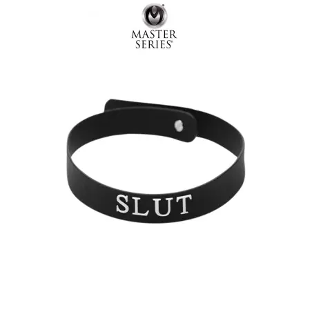 Coleira BDSM de silicone preto ajustável com inscrição SLUT