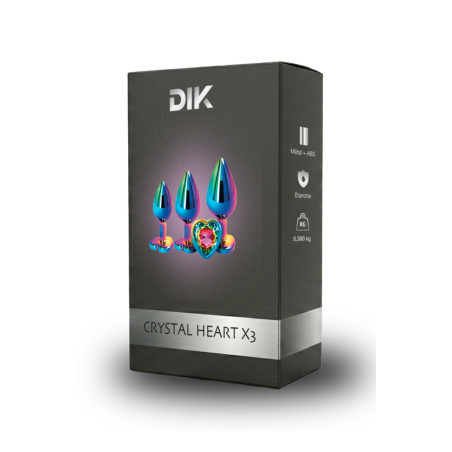 3 plugs coeur Crystal Heart métal arc-en-ciel - DIK