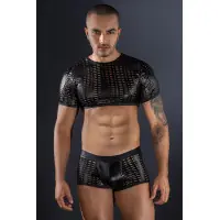 Conjunto Ropa Interior Hombre - Crop Top y Boxer Wetlook Calado Negro