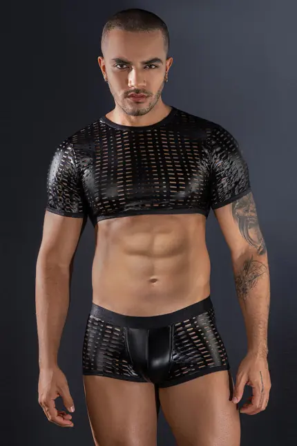 Herren-Dessous-Set – Crop Top und Boxer Wetlook Cut-Out Schwarz