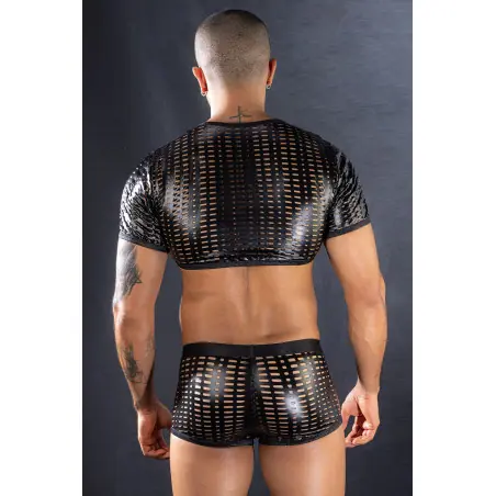 Conjunto Crop Top e Boxer Wetlook Vazado Preto - J Lingerie