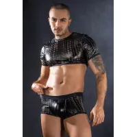 Conjunto Crop Top e Boxer Wetlook Vazado Preto - J Lingerie