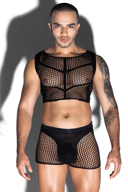 Herren-Dessous-Set - Crop Top und Boxer Netzstoff Schwarz