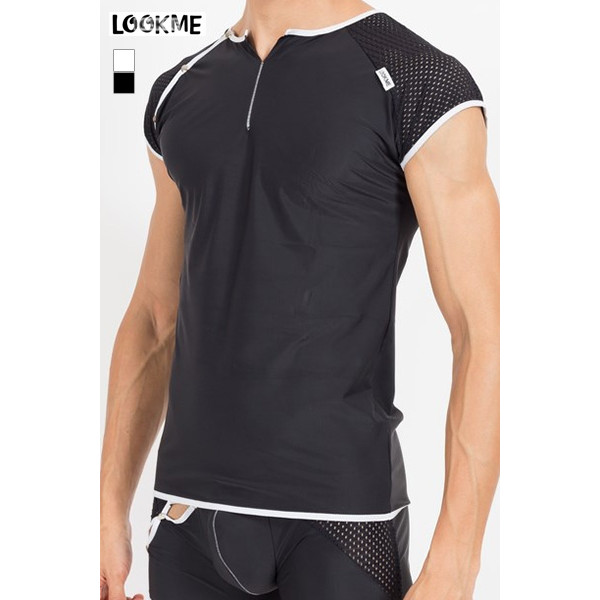 T-shirt homem preta justa com rede e botões de pressão - Mixing
