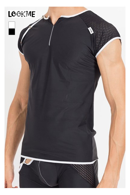 Camiseta hombre negra ajustada de rejilla y automáticos - Mixing