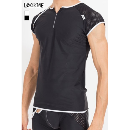 Men's Black Fitted Fishnet T-Shirt with Snap Buttons - Mixing