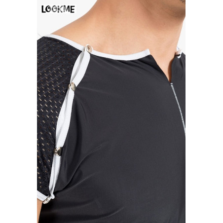Men's Black Fitted Fishnet T-Shirt with Snap Buttons - Mixing