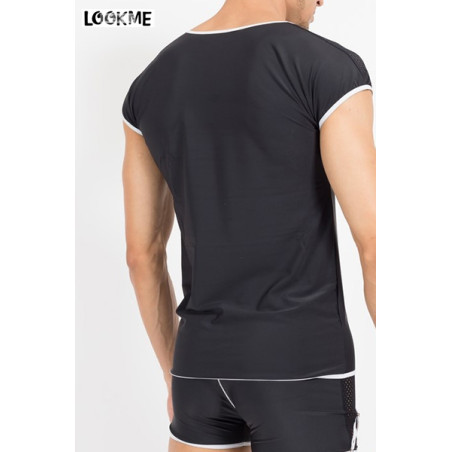 Men's Black Fitted Fishnet T-Shirt with Snap Buttons - Mixing
