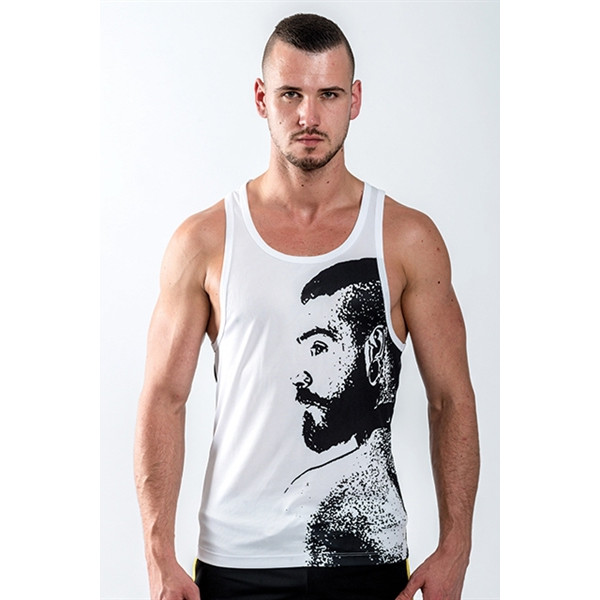 Tanktop heren wit en zwart met portret van man met baard - URBAN Guy
