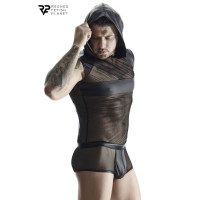 T-shirt sem mangas com capuz wetlook e rede preta