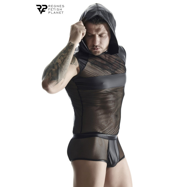 Ärmelloses Kapuzenshirt aus Wetlook und Mesh, Schwarz