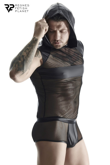 T-shirt senza maniche con cappuccio wetlook e mesh nera
