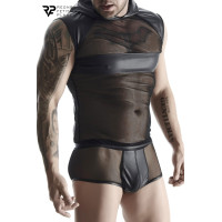 Camiseta sin mangas con capucha wetlook y mesh negro