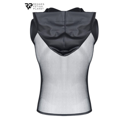 T-shirt senza maniche con cappuccio wetlook e mesh nera