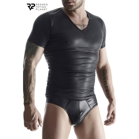 T-shirt homme wetlook noir col V moulant