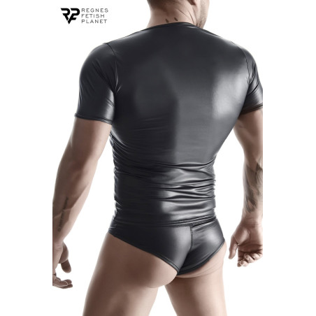 T-shirt uomo wetlook nera scollo a V aderente
