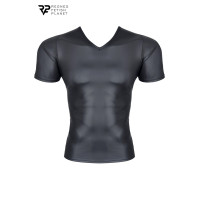 Zwart wetlook herenshirt met V-hals, strakke pasvorm