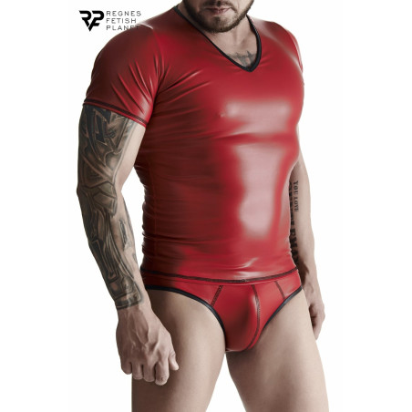 Men's Red Wetlook V-Neck T-Shirt with Black Piping
