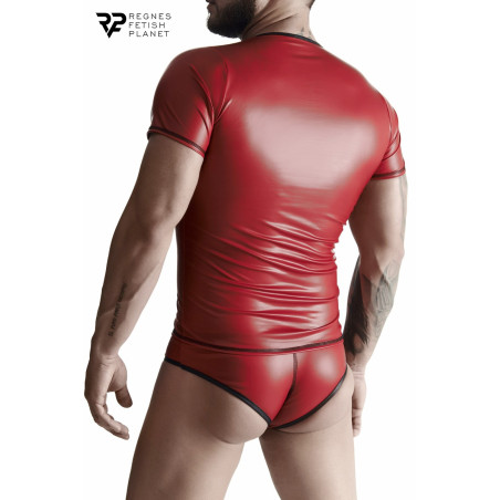 T-shirt homme wetlook rouge col V liseré noir