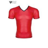 T-shirt uomo wetlook rossa scollo a V bordo nero