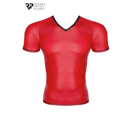 Rood wetlook herenshirt met V-hals en zwarte bies, strakke pasvorm