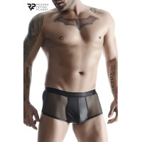 Zwarte herenboxer in transparant mesh met wetlook zakje