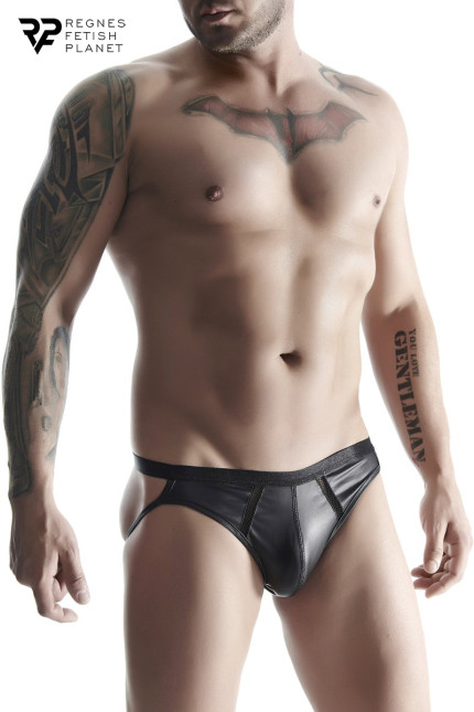 Zwarte wetlook herenjockstrap met inzetten van visnet