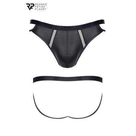 Zwarte wetlook herenjockstrap met inzetten van visnet