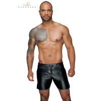 Calções homem meio-compridos em wetlook preto com cordão - H061