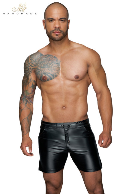 Short homme mi-long en wetlook noir à cordon - H061