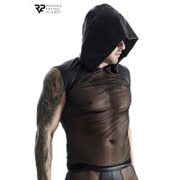 Mouwloos t-shirt met capuchon mesh en wetlook zwart