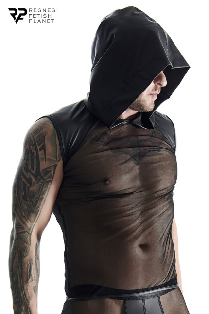 T-shirt sem mangas com capuz em mesh e wetlook preta
