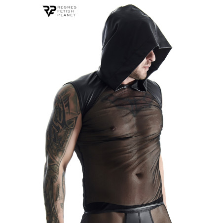 T-shirt sans manches à capuche mesh et wetlook noir