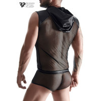 T-shirt sem mangas com capuz em mesh e wetlook preta
