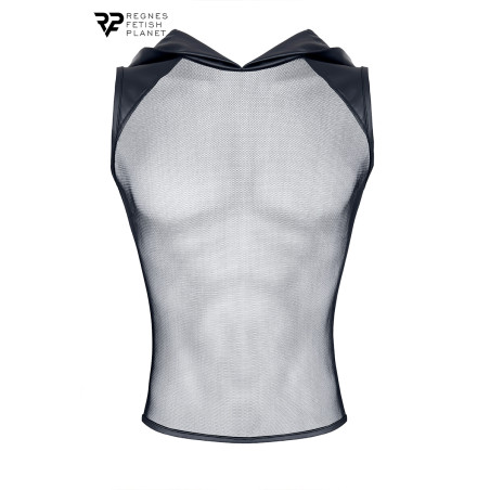 T-shirt sans manches à capuche mesh et wetlook noir