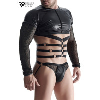 Harnasshirt lange mouwen wetlook en net zwart