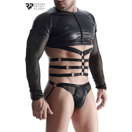 T-shirt harness manica lunga wetlook e rete nera