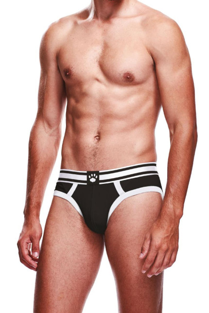 Slip desportivo homem preto com debruns brancos e cós às riscas