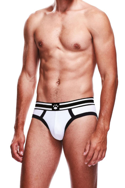 Slip desportivo homem branco com debruns pretos e cós às riscas