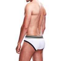 Slip deportivo hombre blanco con ribetes negros y cinturilla rayada