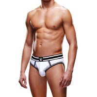 Men's White Open-Back Brief with Black Piping, Bare Butt