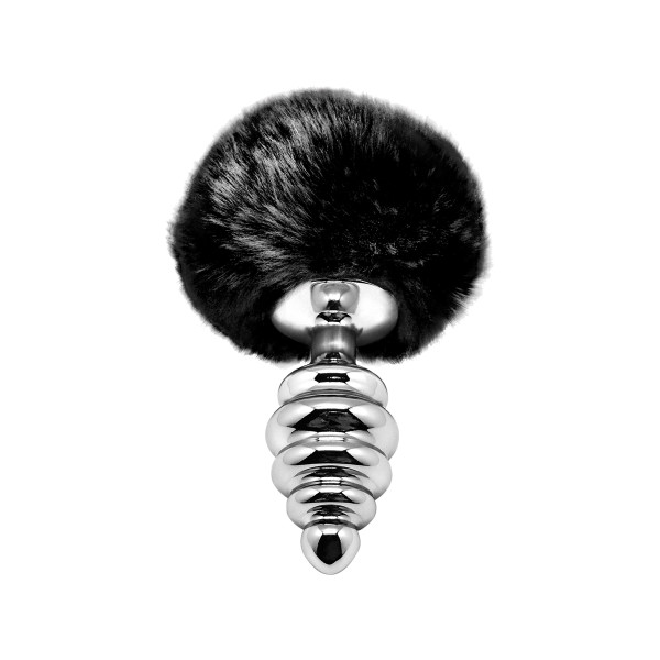 Plug metálico anelado cauda de coelho preta M 8 cm - Fluffy Twist